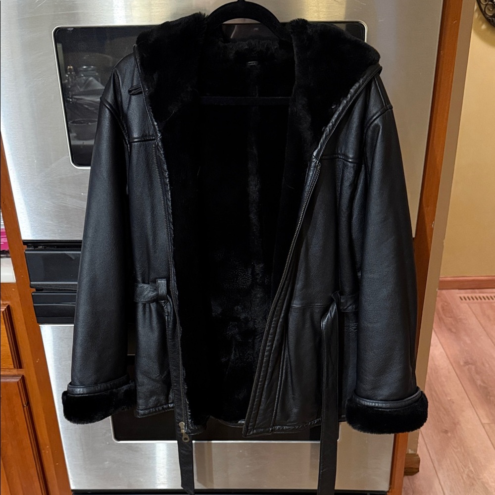 Vintage Y2k Wilsons Genuine Leather Black Faux Shearling Hooded Leather Jacket